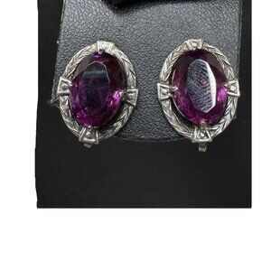 Vtg Sterling Silver Amethyst Oval Purple Stone Clip-On Earrings Etched Art Deco